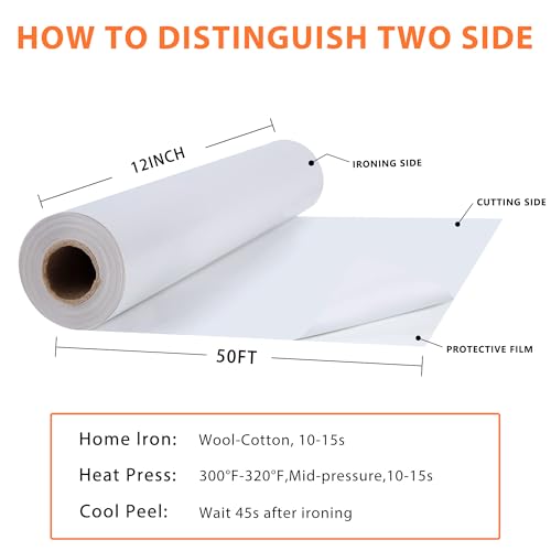 RENLITONG White Iron on Vinyl 12Inch by 50ft Roll Heat Transfer Vinyl for T
