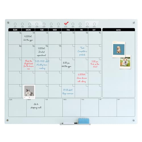 Magnetic Glass Whiteboard Calendar 48"x36" Glass Dry Erase Calender Board 36"x48" Monthly Plan White GlassBoard Wall Mounted for Office School Home