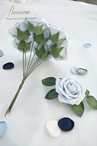 Artificial Flowers 50pcs Real Looking Powder Blue Foam Fake Roses with Stems for DIY Wedding Bouquets Bridal Shower Centerpieces Floral Arrangements Party Tables Home Decorations (50 Count)