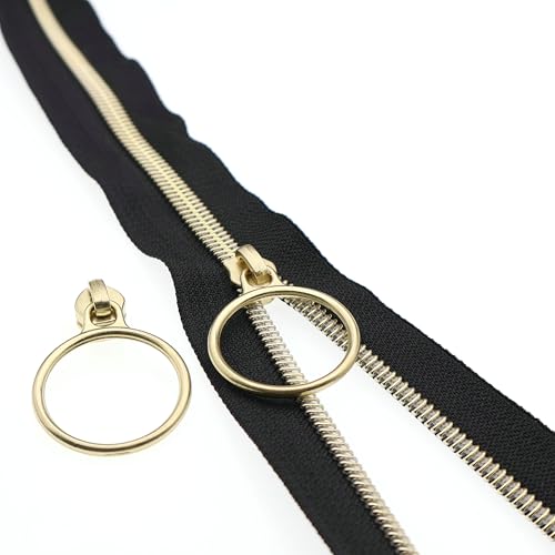 5 Metallic Nylon Coil Zippers by The Yard Bulk 10 Yards Black Zipper Tape with 25pcs Gold Ring Pull Sliders for DIY Sewing Tailor Craft Bag