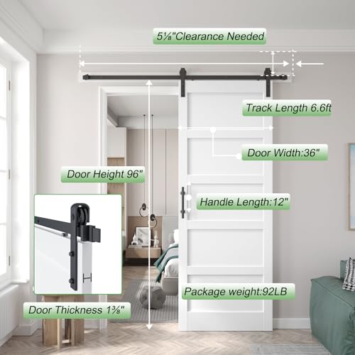 36x96 inch White Barn Door with 6.6FT MDF Sliding Door Hardware Kit Included & Handle