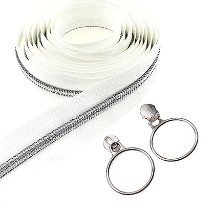5 Silver Metallic Nylon Coil Zippers by The Yard Bulk 10 Yards White Zipper Tape with 25pcs Silver Ring Pull Sliders for DIY Sewing Tailor Craft Bag
