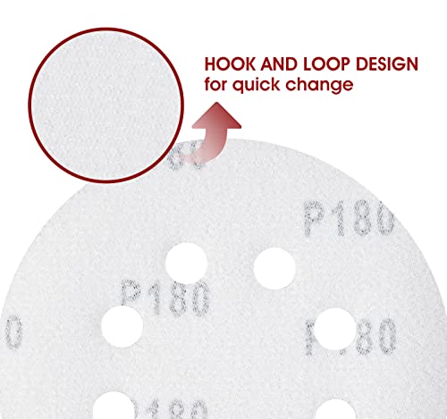150 PCS Hook and Loop Sandpaper 5 Inch Sanding Disc 8 Hole Sanding Discs 180 Grit Premium Aluminum Oxide for Random Orbital Sander (150 Count)