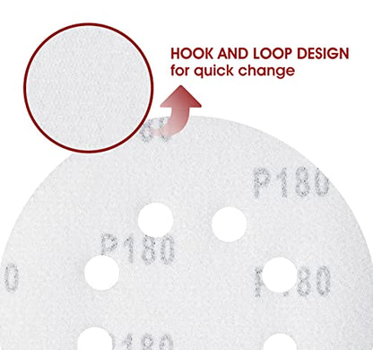 150 PCS Hook and Loop Sandpaper 5 Inch Sanding Disc 8 Hole Sanding Discs 180 Grit Premium Aluminum Oxide for Random Orbital Sander (150 Count)
