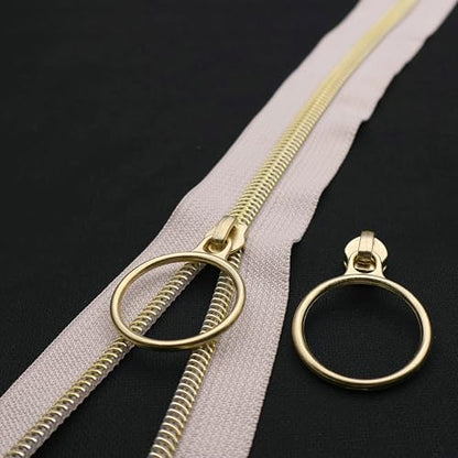 5 Gold Metallic Nylon Coil Zippers by The Yard Bulk 10 Yards Beige Zipper Tape with 25pcs Gold Ring Pull Sliders for DIY Sewing Tailor Craft Bag (25 Count)