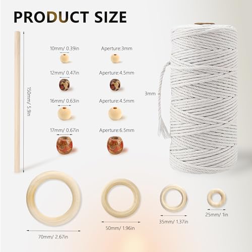227pcs Macrame Kits 3mm 115yards Wall Hanging Natural Cotton Macrame Cord with Wooden Beads & Rings Wooden Sticks