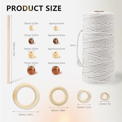 227pcs Macrame Kits 3mm 115yards Wall Hanging Natural Cotton Macrame Cord with Wooden Beads & Rings Wooden Sticks