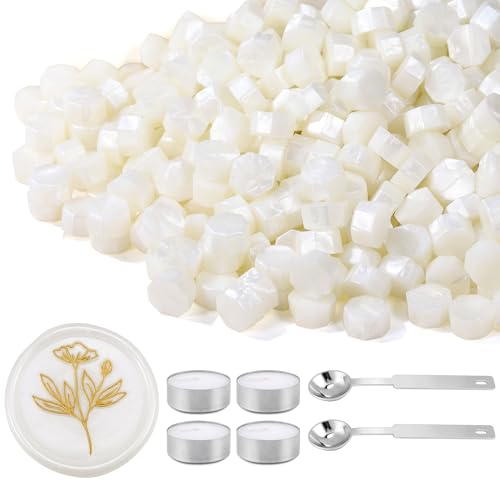 360Pcs Peal White Sealing Wax Beads with 2 Spoons and 4 Tea Candles for Wax Seal Stamps (360 Count)