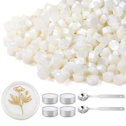 360Pcs Peal White Sealing Wax Beads with 2 Spoons and 4 Tea Candles for Wax Seal Stamps (360 Count)
