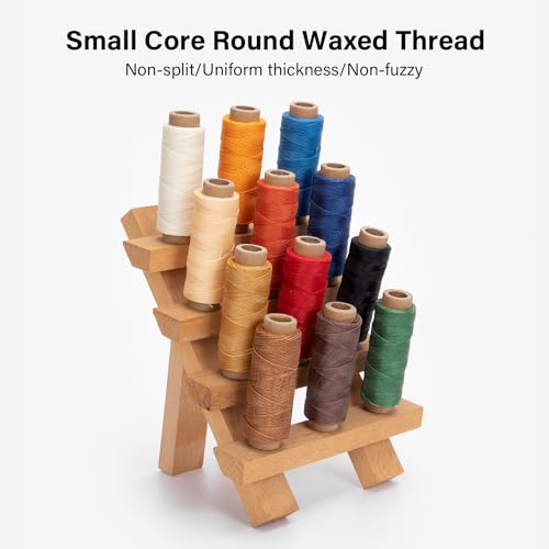 Leather Waxed Thread Round Polyester Sewing Threads Leather Craft Hand Stitching Line DIY Bracelet Thread Repair Work Cord with 12 Pcs Needles and Storage Bag (12 Count)