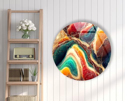 20''(50cm) Diameter Colorful Marble Swirl Round Wall Art Abstract Glass Decor with Earthy Tones & Gemstone Texture