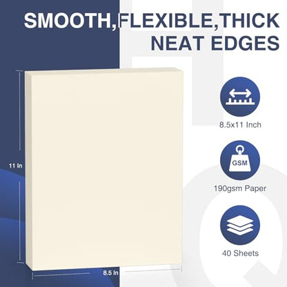 Cardstock 8.5 x 11 Inch 40 Sheets 190 gsm Heavyweight Card Stock Paper Off White Cardstock Printer Paper Perfect for Wedding Invitations (40 Count)