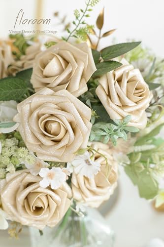 Artificial Flowers 25pcs Real Looking Champagne Gold Foam Fake Roses with Stems for DIY Wedding Bouquets Bridal Shower Centerpieces Floral Arrangements Party Tables Home Decorations (25 Count)