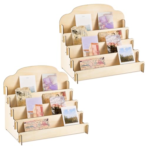 2 Pcs 4 Tier Greeting Card Display Stand Wooden Sticker Display Stand Portable Card Display Rack for Vendors Retail Counter Table Display Trade Shows Showcase