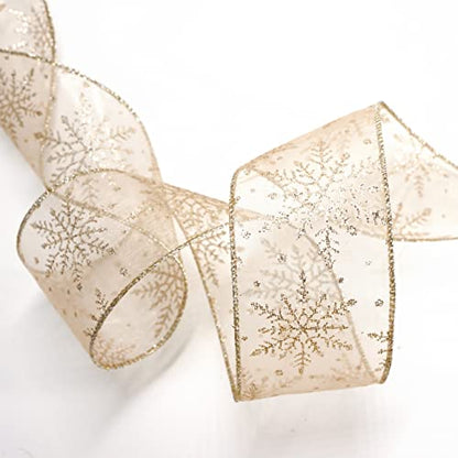 Organza with Champagne Gold Glitter Snowflakes Wired Ribbon 2.5 inch x 50 Yards for Christmas Home Decor Tree Topper Bow Gift Wrapping DIY Crafts Wreath Garland Wedding (150 Foot)