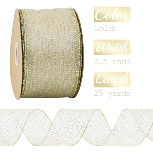 Glitter Gold Wired Ribbon 2.5 Inch Horizontal Stripes Glitter Polka Dot Christmas Ribbon Organza Sheer Ribbons 25 Yards Gold Glitter Ribbons for Christmas Tree (75 Foot)