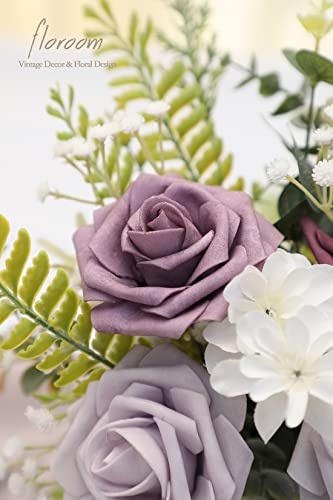 Artificial Flowers 25pcs Real Looking Plum Ombre Colors Foam Fake Roses with Stems for DIY Wedding Bouquets Bridal Shower Floral Centerpieces Party Tables Home Decorations (25 Count)