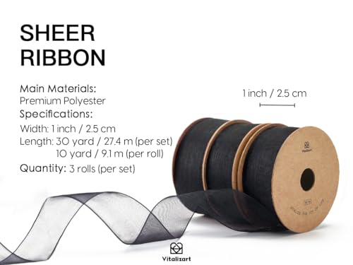 Black Organza Ribbon 1" x 30 Yd Sheer Ribbon for Gift Wrapping (3 Count)