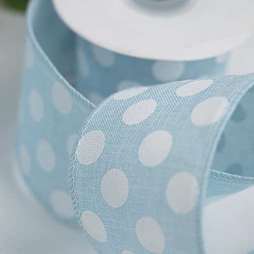 Blue Burlap Ribbon 2.5 Inch with White Polka Dot Blue White Wired Ribbon for Baby Boy Wreaths and Showers (30 Foot)