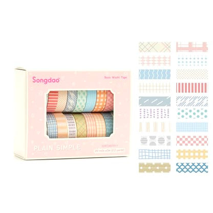 20 Rolls Basic Washi Tape Set Japanese Arts Adhesive Tapes Simple Patterns Decorative Masking Tape Sets for Craft (20 Count)