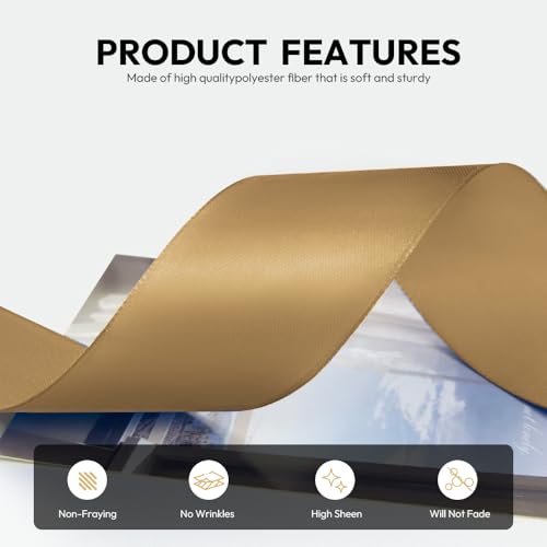 1-1/2 Inch 100 Yards Satin Ribbon Champagne Gold, Solid Color Fabric Ribbon for Gift Wrapping, Wedding, Polyester Gift Ribbon for Birthday Party Decoration, Craft, Hair, Floral, Sewing (300 Foot)