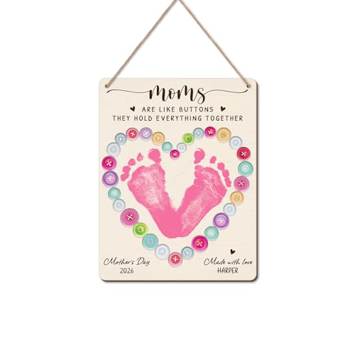 DIY Mothers Day Footprint Craft Button Heart Hanging Sign for Mom Sewing