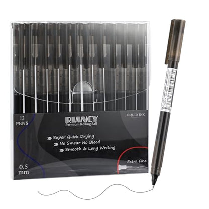 Black Fine Point Gel Pens 12Pcs 0.5mm Gel Ballpoint Pens Black Liquid Ink Pens No Smear No Bleed (12 Count)