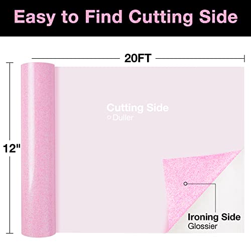 Pink Glitter HTV Heat Transfer Vinyl Large Roll 12 inch x 20 ft Sparkly Iron on Vinyl for T Shirts Crafts