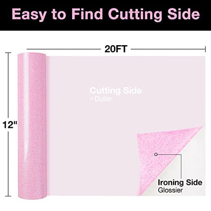 Pink Glitter HTV Heat Transfer Vinyl Large Roll 12 inch x 20 ft Sparkly Iron on Vinyl for T Shirts Crafts