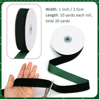 20yd 1" Dark Green Velvet Ribbon Single Faced for Gift Wrap (2 Count)