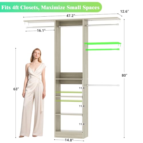 4FT Small Closet Organizer System with 4 Hanging Rods & 3 Shelves
