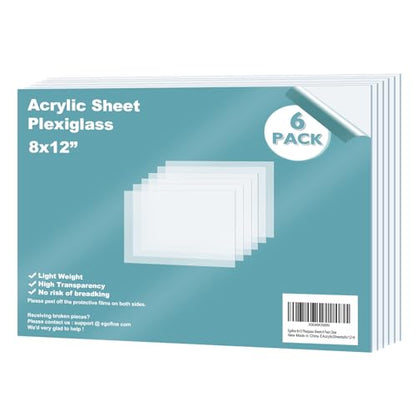Plexiglass Sheets Acrylic Sheets 6 Pack of 8x12’’ 0.04 Thick Clear Plastic Cast Transparent Plexi Glass for Crafting Projects