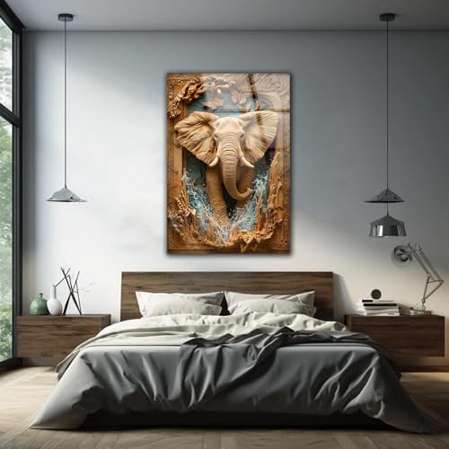 Rustic Elephant Printed Tempered Glass Wall Art Painting for Living Room