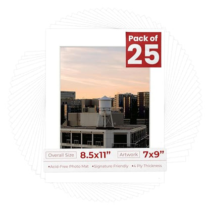 Pack of 25 Acid Free 8.5x11 Mats Bevel Cut for 7x9 Photos (25 Count)