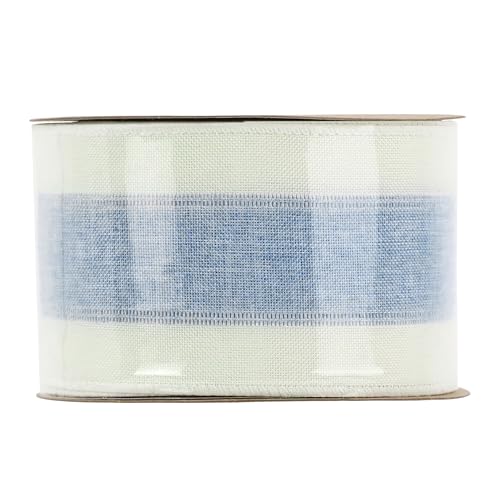 Blue and White Stripe Ribbon Wired 2.5 Inch Light Blue Burlap Ribbons with Ivory Stripe Edge Wreath Supplies (30 Foot)