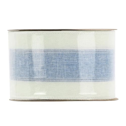 Blue and White Stripe Ribbon Wired 2.5 Inch Light Blue Burlap Ribbons with Ivory Stripe Edge Wreath Supplies (30 Foot)