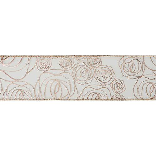Floral 2.5 Inch Rose Gold Rose Wired Ribbon Wedding Bouquet Ribbons Rose Gold Organza Sheer Ribbons 25 Yards Roll Pink Wedding Ribbon for Crafts (75 Foot)