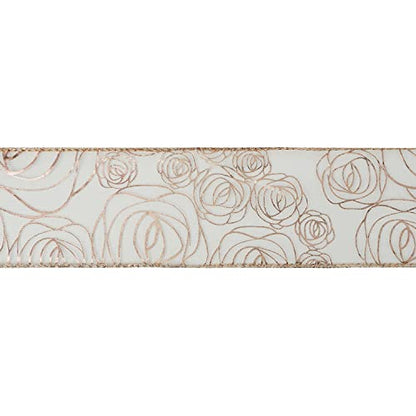 Floral 2.5 Inch Rose Gold Rose Wired Ribbon Wedding Bouquet Ribbons Rose Gold Organza Sheer Ribbons 25 Yards Roll Pink Wedding Ribbon for Crafts (75 Foot)