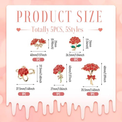 Beadthoven 5Pcs Red Flower Brooches Rose Flower Enamel Pins 3D Floral Alloy Crystal Rhinestone Brooch Metal Lapel Badge Pins for Valentine's Day Holiday Halloween Birthday Jewelry (5 Count)