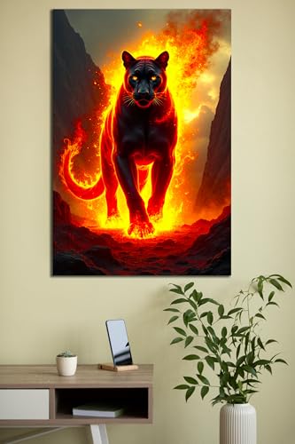 Fiery Black Panther Glass Wall Art Painting for Living Room