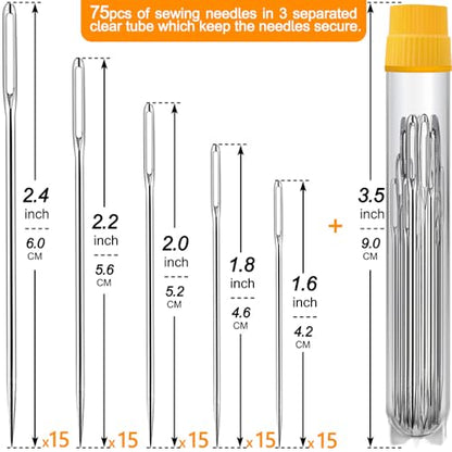 75 Pack Premium Large Eye Needles for Hand Sewing with 4 Needle Threaders (75 Count)