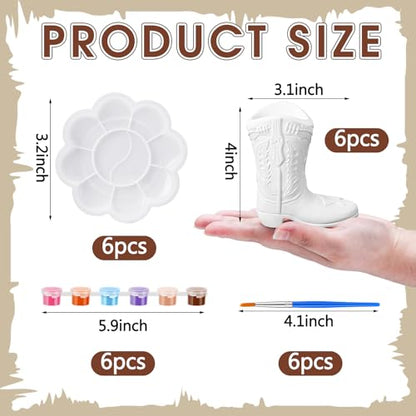 6 Set Cowboy Boot Vase Ceramics to Paint Ready to Paint Your Own Ceramic Cowgirl Hat Vase DIY Unpainted Plaster Paintable Kit Crafts with Brush Palette for Adults (6 Count)