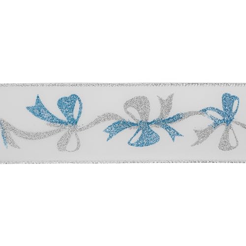 Blue and Silver Christmas Ribbon 2.5 Inch White Satin Ribbons with Turqupise and Silver Glittery Bows Pattern 10 Yards Christmas Wired Ribbon for Tree (30 Foot)