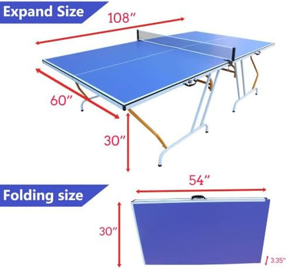 8ft/9ft Mid-Size Table Tennis Table Foldable & Portable Ping Pong Table Set for Indoor Games with Net, 2 Table Tennis Paddles and 3 Balls