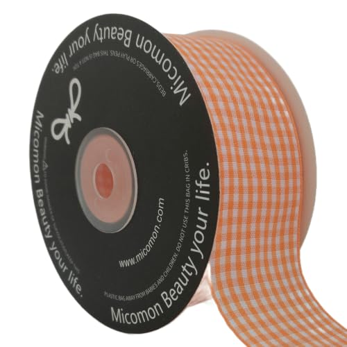 1.5 Inch Orange and White Woven Edge Plaid Chekered Ribbon 100% Polyester Gingham Ribbon 25 Yards Each Roll for Halloween Thanks