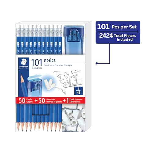 Norica Pencil Set 50 Pencils + 50 Eraser Caps + Sharpener 24 Pack (2424 Count)