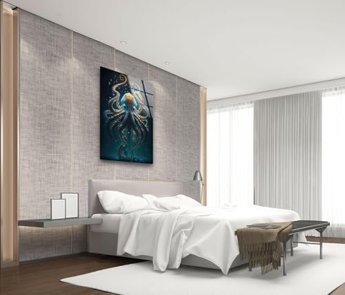 18Wx28H'' Underwater Blue Octopus Glass Wall Art Tempered Glass Printing Wall Decor Large Wall Art Wall Hangings