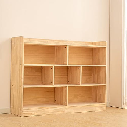 Wooden 7 Compartment Storage Cabinet Organizer Kids 3 Tier Wood Bookshelf School Storage Shelf Classroom Furniture for Kids Natural