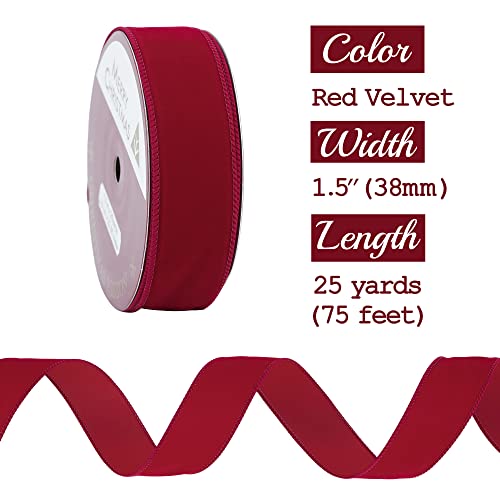 Red 1.5 Inch Velvet Wired Ribbon 25 Yards Dark Red Velvet Ribbons Spool Velvet Christmas Ribbons Red Velvet Wired Ribbon for Christmas Tree (75 Foot)