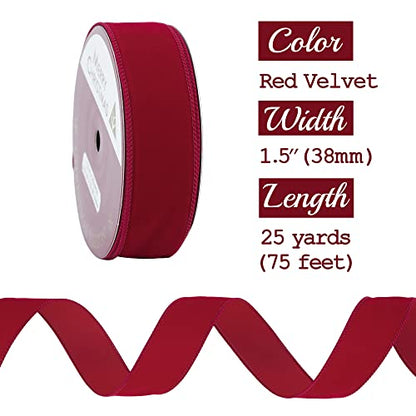 Red 1.5 Inch Velvet Wired Ribbon 25 Yards Dark Red Velvet Ribbons Spool Velvet Christmas Ribbons Red Velvet Wired Ribbon for Christmas Tree (75 Foot)